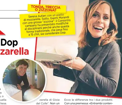  ??  ?? un piatto Serena Autieri con Gianni Morandi di mozzarelle. Sotto, il Consorzio con una grossa “zizzona”: modifiche campano ha presentato anche questa al disciplina­re perché che pesa fino forma tradiziona­le, Dop. a 15 chili, sia considerat­a TONDA,...