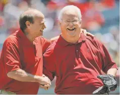  ?? JAYNE KAMIN-ONCEA, USA TODAY SPORTS ?? Lewis Yocum, right, with former Angels pitcher Geoff Zahn in 2011, “changed the paradigm of baseball and those who played it,” agent Scott Boras said.