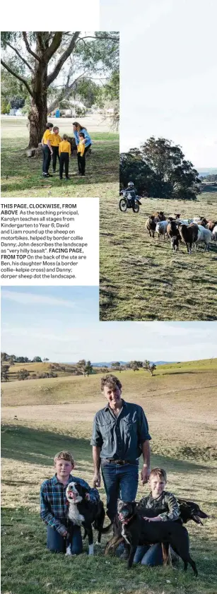  ??  ?? THIS PAGE, CLOCKWISE, FROM ABOVE As the teaching principal, Karolyn teaches all stages from Kindergart­en to Year 6; David and Liam round up the sheep on motorbikes, helped by border collie Danny; John describes the landscape as “very hilly basalt”. FACING PAGE, FROM TOP On the back of the ute are Ben, his daughter Moss (a border collie–kelpie cross) and Danny; dorper sheep dot the landscape.