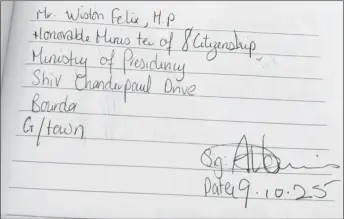  ??  ?? The page from the Guyana Securities Council delivery book showing a signature for the receipt of the correspond­ence addressed to then Citizenshi­p Minister Winston Felix.