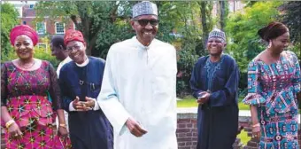  ??  ?? L-R: Onochie, Adesina, Mohammed, Buhari; Shehu and Dabiri-Erewa, laughing at a joke by the president at the the forecourt lawn of Abuja House in London