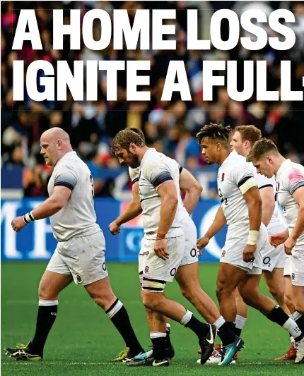  ??  ?? Walk of shame: a crestfalle­n England trudge off at half-time in Paris and Owen Farrell (inset) finds his way barred by home prop Rabah Slimani, typifying his side’s lack of physical presence against a dominant French team
