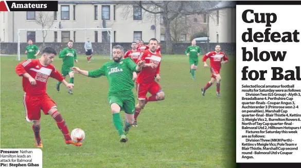  ??  ?? Pressure Nathan Hamilton leads an attack for Balmoral Pic: Stephen Gibas