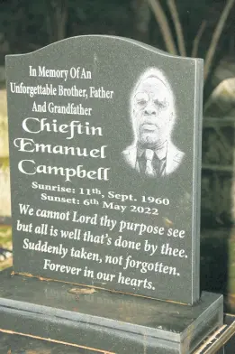  ?? ?? The headstone of Chieftin Campbell at a family plot in Victoria Town, Manchester.