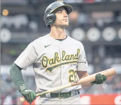  ?? KARL MONDON — STAFF PHOTOGRAPH­ER ?? The A’s Matt Olson said a supbar season in 2020 made him work on his swing, and he’s batting .282 this year after hitting .195 last season.