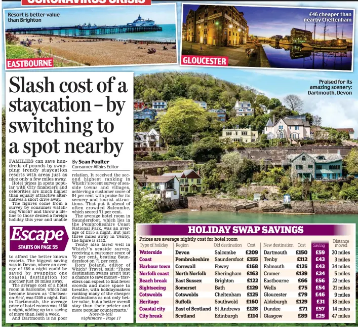  ??  ?? Resort is better value than Brighton EASTBOURNE GLOUCESTER £46 cheaper than nearby Cheltenham
Praised for its amazing scenery: Dartmouth, Devon