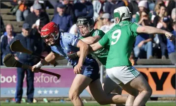  ??  ?? Liam Rochford (St. Anne’s) trying to find a way past Gorey duo Seán Doyle and Gary Molloy.