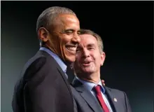  ?? The Associated Press ?? Former President Barack Obama, left, laughs with Virginia’s Democratic gubernator­ial candidate Lt. Gov. Ralph Northam during a rally in Richmond, Va., Thursday.