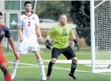  ?? PHOTO COURTESY BROCK UNIVERSITY ?? Brock goalkeeper Anthony Stott, right, was named the university's male athlete of the week following a 14-save performanc­e in a 3-0 loss to the York Lions in soccer.