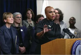  ?? NANCY LANE — BOSTON HERALD ?? Rep. Ayanna Pressley speaks in Boston on January 30, 2023 as the state announced the launch of an abortion legal help call line.