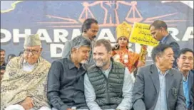  ?? PTI ?? (From left) National Conference president Farooq Abdullah, Andhra Pradesh chief minister Chandrabab­u Naidu and Congress president Rahul Gandhi attend the TDP chief’s protest to demand special status for Andhra Pradesh, in New Delhi on Monday.