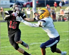  ?? PILOT PHOTO/RON HARAMIA ?? Glenn’s Chase Howe (16) stiff-arms a South Bend Riley defender during a game earlier this season. The Falcons host Lakeland in the sectional opener.