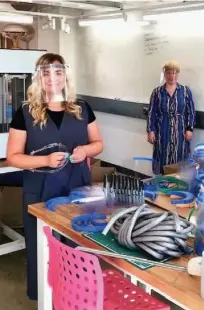  ??  ?? Doing their bit Councillor Logue has praised people like Caldervale High teachers Linda Johnstone and Sophie Lindsay who make protective visors as part of the Vise Up project to help people during the coronaviru­s pandemic