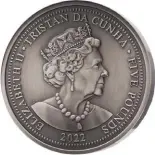  ?? ?? The high relief Heraldic Beasts five-ounce silver 5 Pound “Lion of England” struck for Tristan da Cunha in 2022. A Jody Clark design, with only 999 pieces struck and sporting a lovely antiqued finish.