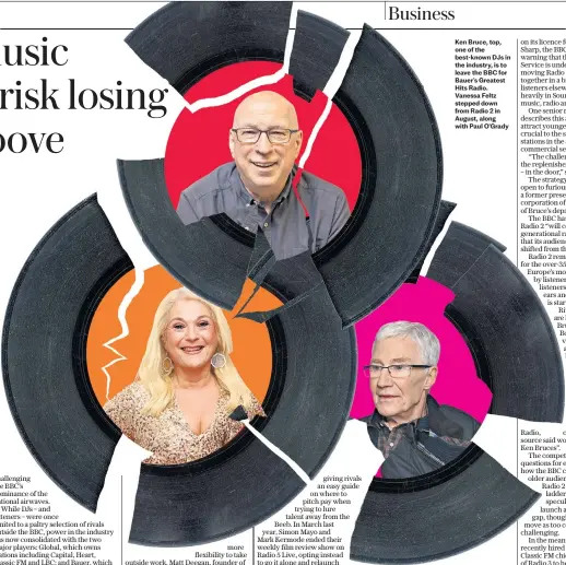  ?? ?? Ken Bruce, top, one of the best-known DJs in the industry, is to leave the BBC for Bauer’s Greatest Hits Radio. Vanessa Feltz stepped down from Radio 2 in August, along with Paul O’Grady