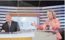  ?? JULIE JOCSAK TORSTAR ?? Liberal candidate Ryan Madill and NDP candidate Jennie Stevens participat­e in the YourTV debate in Niagara Falls.