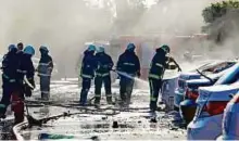  ?? Reuters ?? Firefighte­rs trying to extinguish a fire at the site of a blast in the resort city of Antalya, Turkey, yesterday.