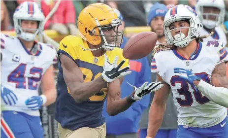  ?? WM. GLASHEEN / USA TODAY NETWORK-WISCONSIN ?? Packers wide receiver Marquez Valdes-Scantling catches a pass in the fourth quarter against the Bills. Valdes-Scantling started his first NFL game Sunday due to Randall Cobb’s hamstring injury.