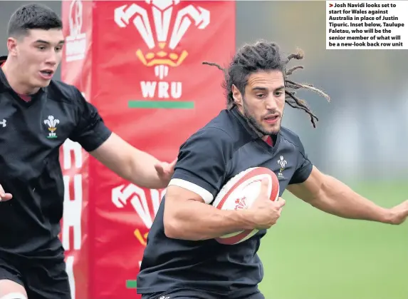  ??  ?? > Josh Navidi looks set to start for Wales against Australia in place of Justin Tipuric. Inset below, Taulupe Faletau, who will be the senior member of what will be a new-look back row unit