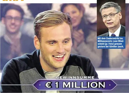  ??  ?? Mit dem Zauberwürf­el ins Millionenr­eich: Leon Windscheid (gr. Foto) gewann gestern bei Günther Jauch.
