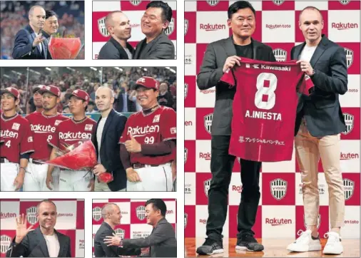  ??  ?? EXPECTACIÓ­N. Iniesta se presentó en un acto con Hiroshi Mikitani, dueño del Vissel Kobe; luego se fotografió con los Rakuten Eagles de béisbol.