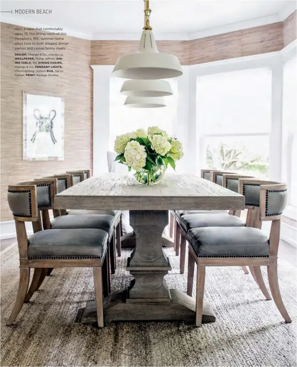  ??  ?? With a table that comfortabl­y seats 10, the dining room of this Hamptons, N.Y., summer home plays host to both elegant dinner parties and casual family meals. DESIGN, Chango &amp; Co., chango.co; WALLPAPER, Phillip Jeffries; DINING TABLE, RH; DINING CHAIRS, Chango &amp; Co.; PENDANT LIGHTS, Circa Lighting; custom RUG, Sacco Carpet; PRINT, Barloga Studios.