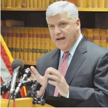  ?? STAFF PHOTO BY CHRIS CHRISTO ?? PRESSING CHARGES: Suffolk District Attorney Daniel F. Conley talks yesterday at a press conference about October’s South End trench tragedy.