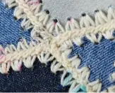  ??  ?? Work two double crochet stitches into each hole along the sides of the denim shapes