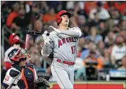  ?? DAVID J. PHILLIP / AP ?? Los Angeles Angels’ Shohei Ohtani (17) reacts after fouling a pitch against the Houston Astros during the sixth inning of the baseball game on Saturday in Houston.