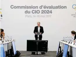  ??  ?? PARIS: Co-president of the Paris bid for the 2024 Olympics Games Bernard Lapasset addresses the IOC Evaluation Commission session as the Internatio­nal Olympic Committee visits Paris ahead of the September vote for the 2024 Summer Olympics. —AFP