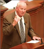  ?? Arkansas Democrat-Gazette/JEFF MITCHELL ?? Rep. Gary Deffenbaug­h, R-Van Buren, speaks Monday against Senate Bill 284, which would allow grocery stores to sell all brands of wine. The bill failed to gain approval in the House.
