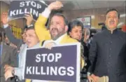  ??  ?? Opposition members protest during the governor’s address on the first day of the budget session in Jammu on Monday. NITIN KANOTRA/HT