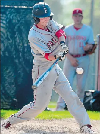  ?? SARAH GORDON/THE DAY ?? Fitch’s Connor McCrea bats against Montville in a high school baseball game Thursday in Groton. McCrea had an RBI double in the game, which was won by Montville 11-6. See roundup on page D4 for addition coverage. Visit www.theday.com for a photo...