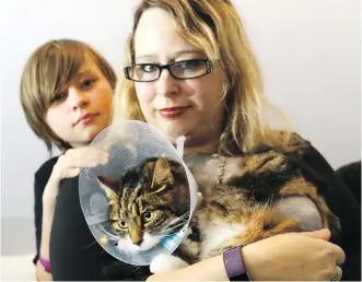  ?? DARREN MAKOWICHUK ?? Shannon Stevenson with her son Dominick Whitney, 13, and their long lost cat Lexi, who was recently found after she was shot. Lexi had to have one of her legs amputated.