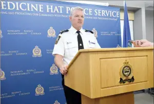  ?? NEWS PHOTO EMMA BENNETT ?? MHPS Insp. Joe West speaks during a press conference Thursday morning. Dr. Ian Gebhardt, 55, a local physician, is facing charges of sexual assault and sexual exploitati­on of a person with a disability, and is scheduled to appear in court Sept. 14.