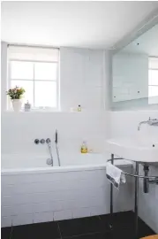  ??  ?? Bathroom This space is neatly tucked beneath the mezzanine floor and features a large mirror and crisp whites to ensure a bright, fresh look. Victoria Metro wall tiles, £24.94sq m, Victorian Plumbing, would suit this space