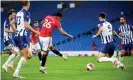  ??  ?? Manchester United’s Mason Greenwood scores the opening goal against Brighton. Photograph: Andy Rain/NMC/EPA