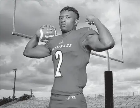  ?? MICHAEL LAUGHLIN/SUN SENTINEL ?? Chaminade-Madonna defensive lineman Kenyatta Jackson Jr. poses for a Super 11 photo. Jackson played in Sunday’s Under Armour All-America Game.