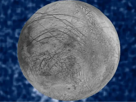  ??  ?? Composite image of suspected water vapour plumes erupting at the seven o’clock position off the limb of Jupiter’s moon Europa (Nasa)