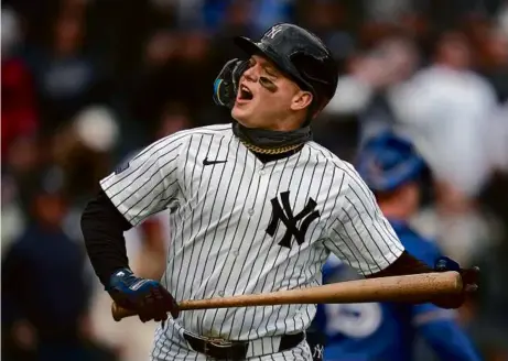  ?? SETH WENIG/ASSOCIATED PRESS ?? A clean cut Alex Verdugo, wearing his mandated single chain, wasn’t pleased to make the last out of the Yankees’ 3-0 home loss to the Blue Jays on a day that started with an earthquake during batting practice.