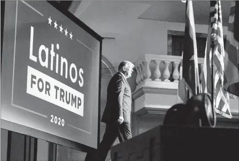  ?? ANDREW HARNIK/AP ?? President Donald Trump arrives for a Latinos for Trump Coalition roundtable at Arizona Grand Resort & Spa in Phoenix on Sept. 14.