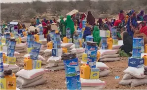  ??  ?? Some of the foodstuff packages Dar Al Ber contribute­d to the famine-hit Somali people.