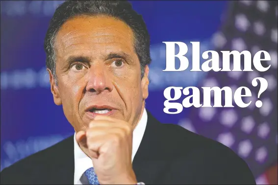  ?? (File Photo/AP/Jacquelyn Martin) ?? New York Gov. Andrew Cuomo speaks May 27 during a news conference at the National Press Club in Washington. Cuomo is facing blistering criticism over an internal report that found no strong link between a controvers­ial state directive that sent thousands of recovering coronaviru­s patients into nursing homes and some of the nation’s deadliest nursing home outbreaks.