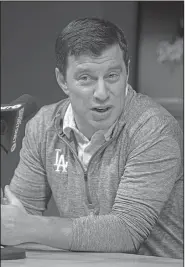  ?? Associated Press ?? Decision looming: Los Angeles Dodger President of Baseball Operations Andrew Friedman talks about the baseball season and the future of the team and players during a press conference, on Thursday at Dodger Stadium in Los Angeles.