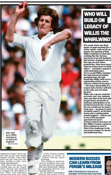  ?? REX FEATURES ?? Hair and fury: Willis charges in to bowl for England