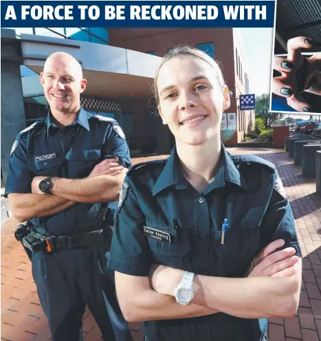  ?? Picture: MIKE DUGDALE ?? ON THE BEAT: Constable Callee Keating, one of 10 new constables in Geelong, with Detective Senior Sergeant Nick Uebergang. INSET: Callee Keating, at rear, back in her profession­al wresting days.