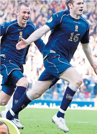  ??  ?? Craig Beattie celebrates scoring for Scotland against Georgia at Hampden 12 years ago and as he is now (inset)