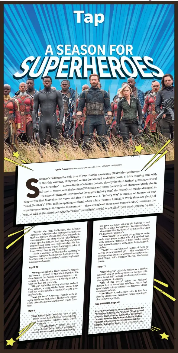  ?? CHUCK ZLOTNICK/MARVEL STUDIOS ?? Above: Superheroe­s, assemble: Returnees for "Avengers: Infinity War" include Okoye (Danai Gurira), Black Panther (Chadwick Boseman), Captain America (Chris Evans), Black Widow (Scarlet Johansson) and the former Winter Soldier (Sebastian Stan).