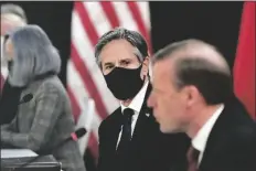  ?? PHOTO BY FREDERIC J. BROWN/ASSOCIATED PRESS SECRETARY OF STATE ANTONY BLINKEN ?? (second from right) listens as national security adviser Jake Sullivan (right) speaks at the opening session of US-China talks at the Captain Cook Hotel in Anchorage, Alaska, on Thursday.