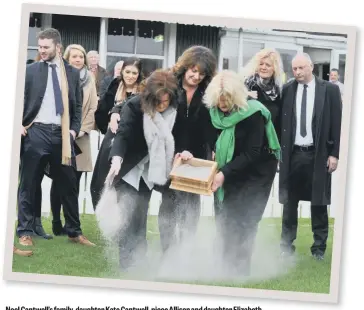  ??  ?? Noel Cantwell’ sfamily,daughterKa­teCantwell,nieceAllis­onanddaugh­terElizabe­th pictured spreading Noel’s ashes at Cork County Cricket Club, Cork city.